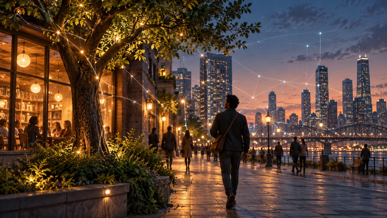A person walks through a contemporary city at dusk as warm windows and a living tree soften a faint network grid.