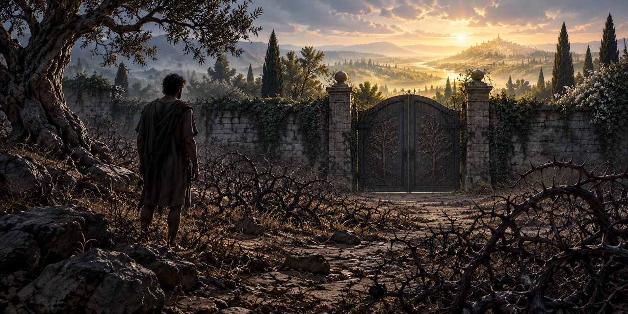 A closed stone gate separates a thorned foreground from a distant garden beneath a narrow band of light.