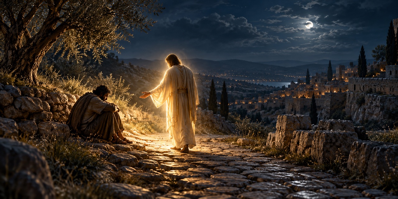 A softly illuminated human figure reaches toward another person on a dark stone path.