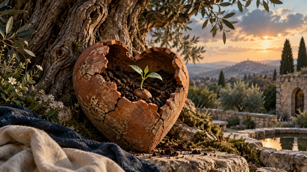 A weathered clay vessel shaped like a heart holds a small seed beside an ancient garden tree.