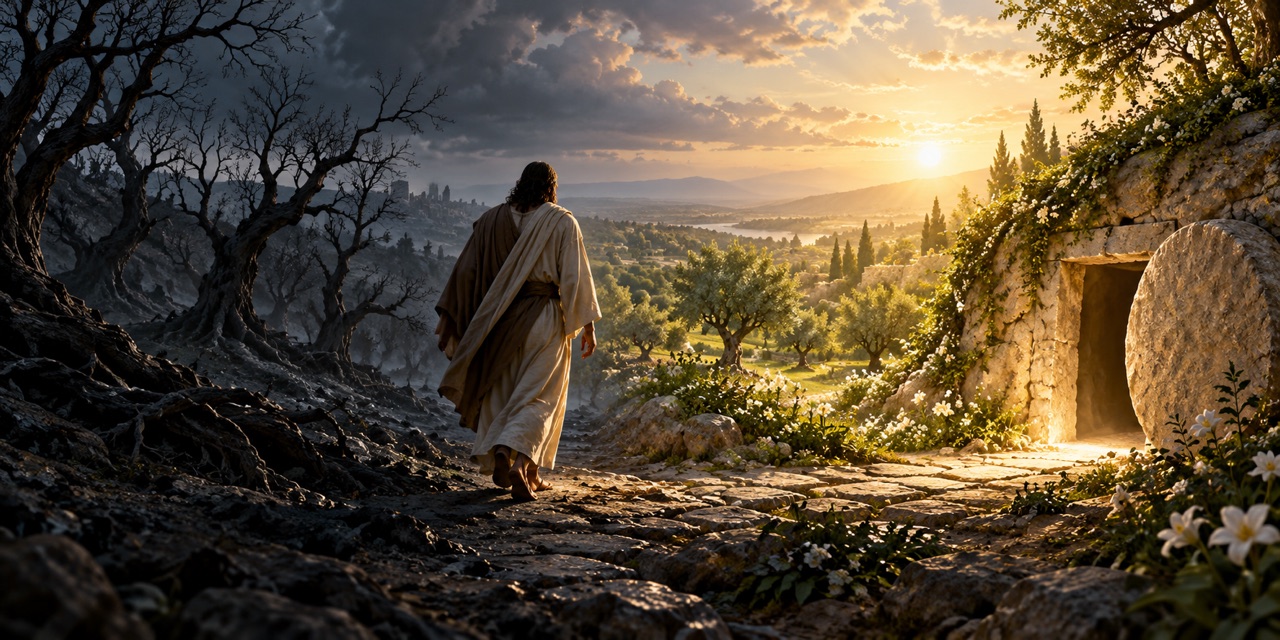 A lone figure walks from a shadowed grove toward an open garden tomb and a sunlit orchard.