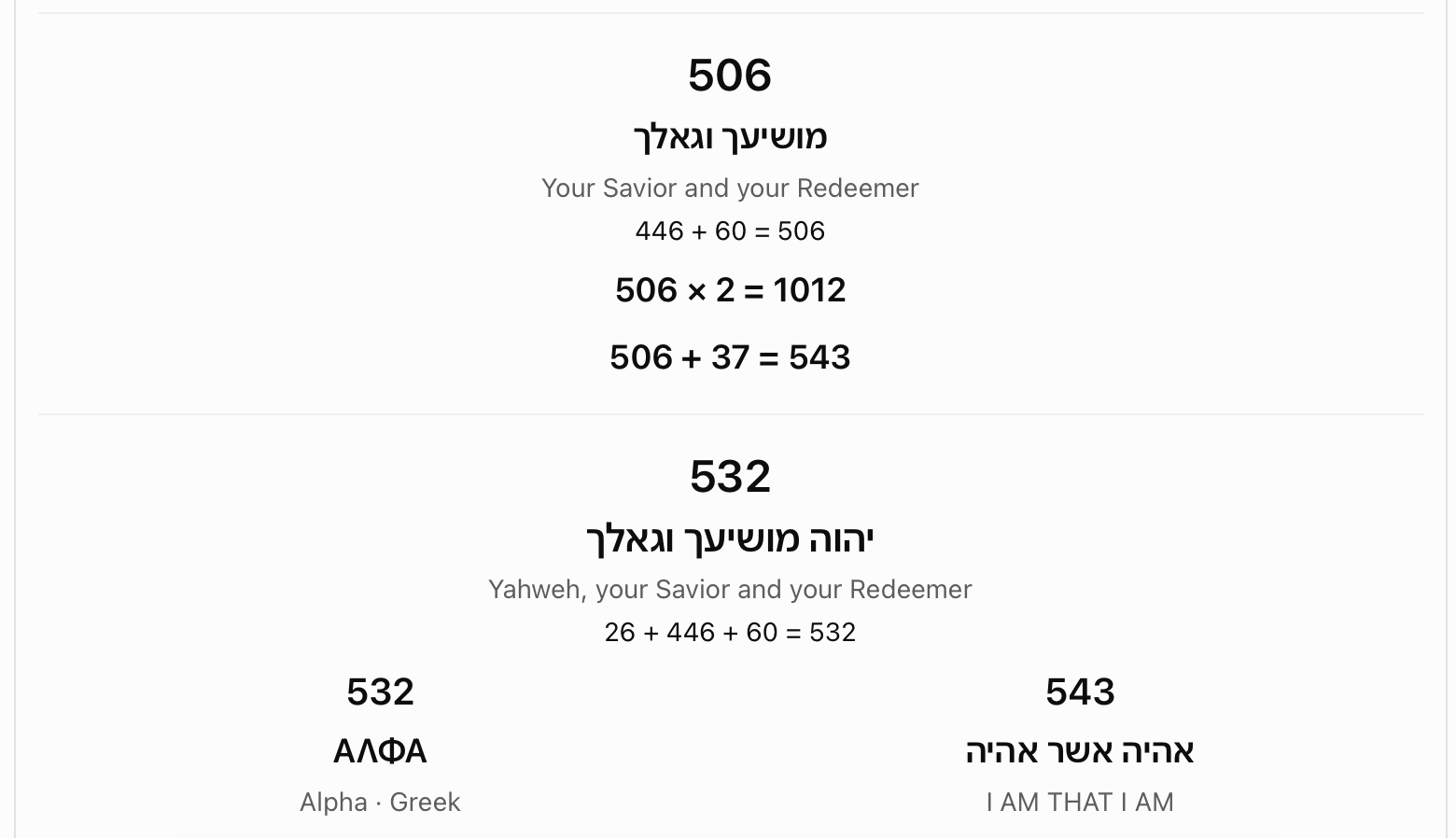 Your Savior and your Redeemer: 506. The chart assigns 506 to Your Savior and your Redeemer. Adding Yahweh (26) gives 532, while adding ordinal wisdom (37) gives 543.