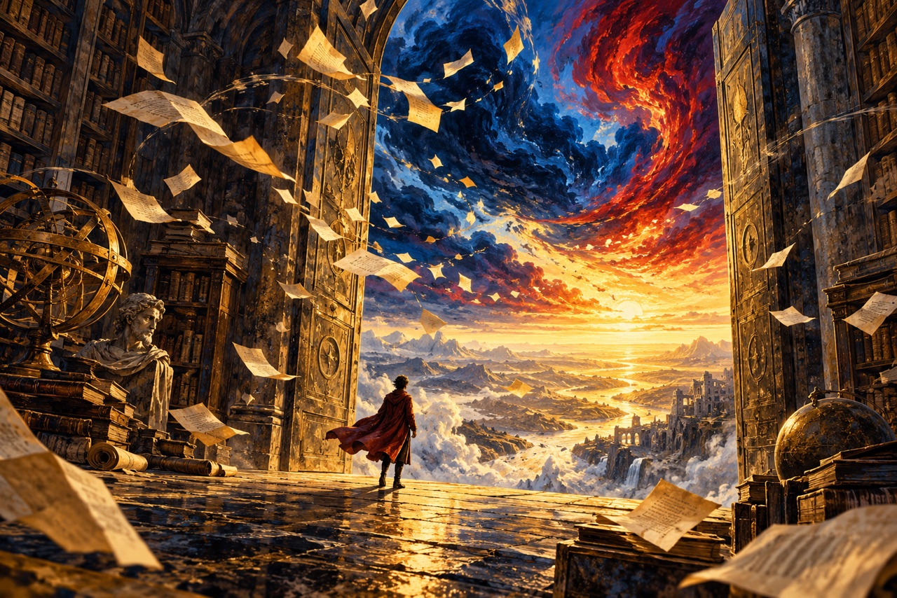 A solitary figure stands before an immense open doorway between a dark blue library and a bright new world, evoking Adam’s proposed reunion with God.