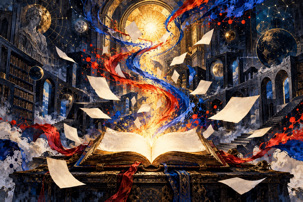An open illuminated book sits in a vast archive, with red and blue currents suggesting ideas in motion.